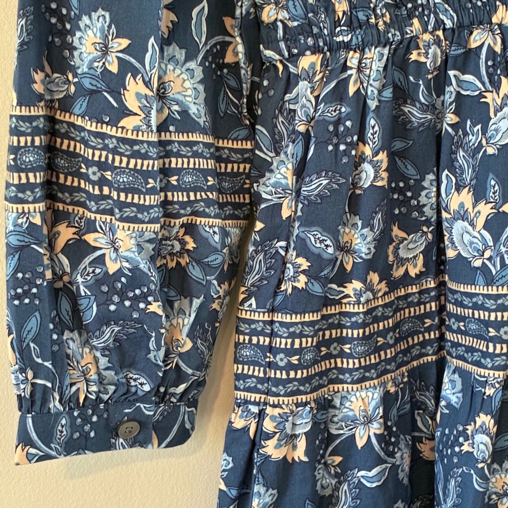 LOFT Dress Wom M Blue Floral Tiered Maxi VNeck Long Sleeve Smocked Waist Cottage - Picture 11 of 11